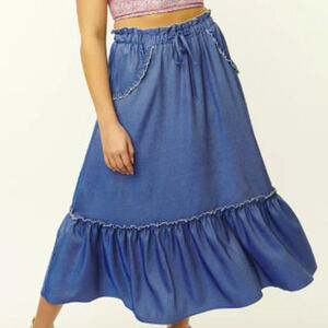 UNIQUE VINTAGE Sz S Blue Chambray Ruffle Retro Midi Tiered Skirt NWT b100